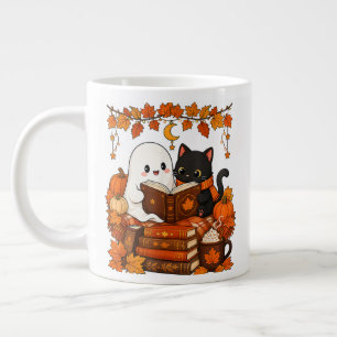 Grande Tasse Joli Chat Noir Fantôme Lisant un Livre Automne