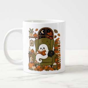 Grande Tasse Joli fantôme lisant un livre Chat noir Automne Cit