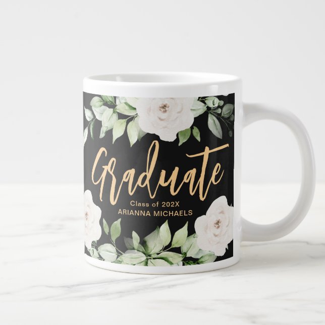 Grande Tasse Joli Floral Diplôme Script Deux Côtes Noir (Droite)