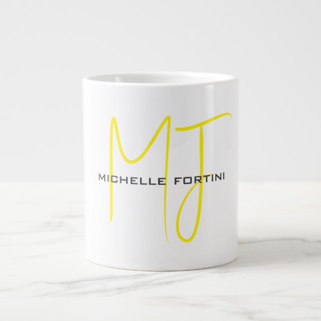 Grande Tasse Joli Monogramme Jaune Blanc Moderne Minimaliste (Devant)
