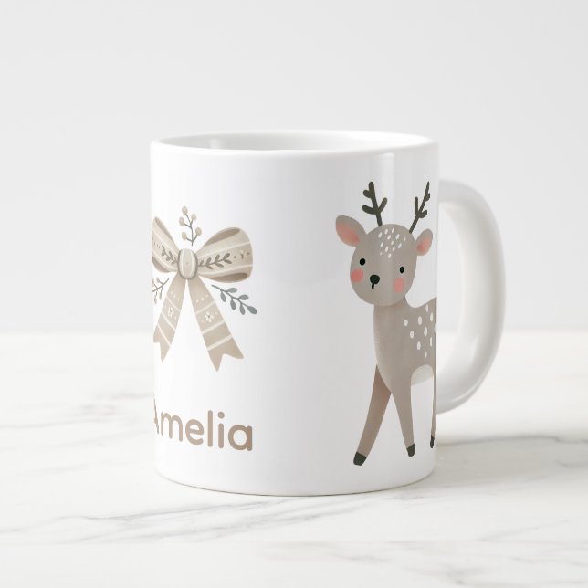 Grande Tasse Joli Renne & Dessin de Noël au Nom avec Arc (Devant droit)