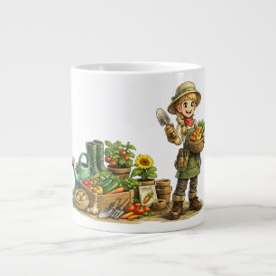Grande Tasse Jolie Fille Jardinière Récoltant des Légumes Art