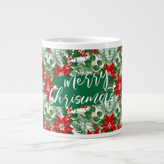 Grande Tasse Joyeux Noël, Motif de fleurs rouges et vertes, (Devant)