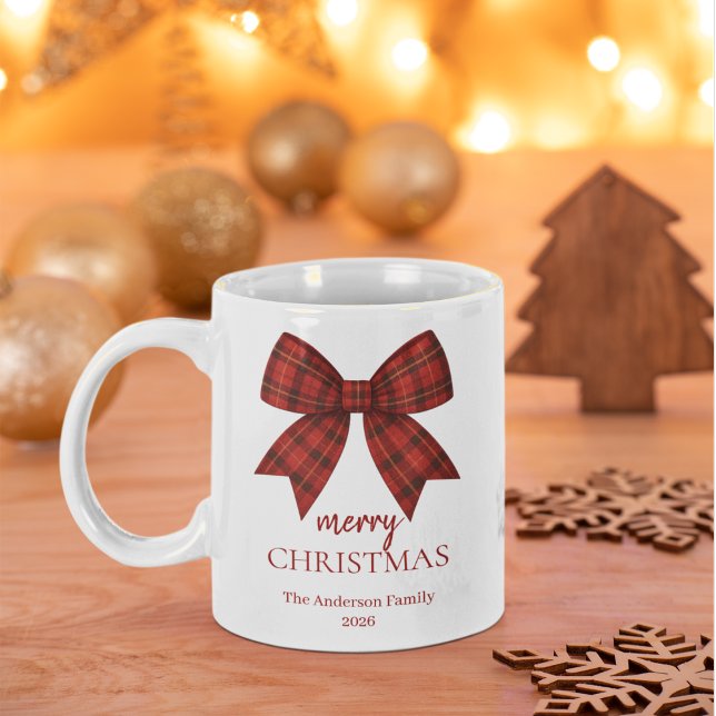 Grande Tasse Joyeux Noël personnalisé | Nœud à carreaux rouges (Créateur téléchargé)