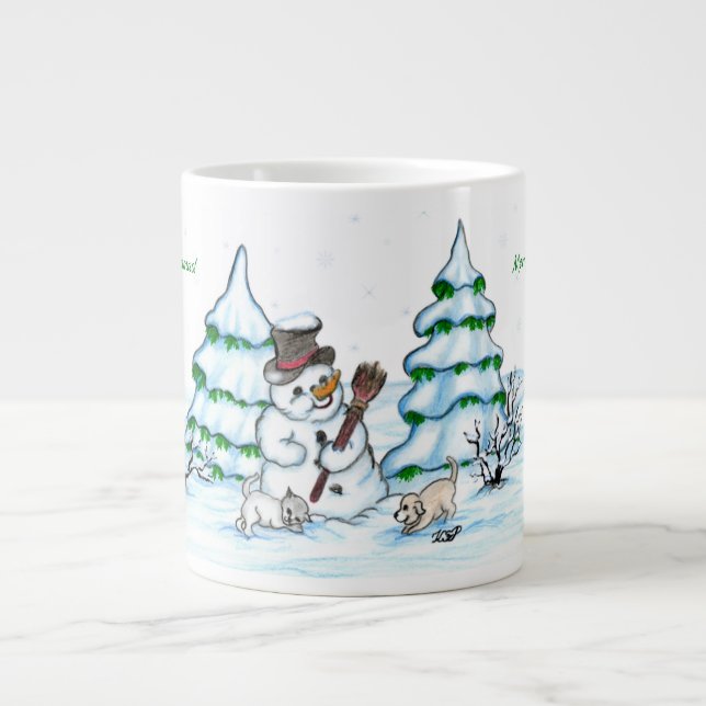 Grande Tasse Joyeux Noël ! Snowman avec chat et chiot (Devant)
