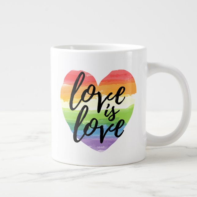 Grande Tasse L'amour est l'amour| Coeur d'aquarelle arc-en-ciel (Droite)