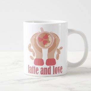 Grande Tasse Latte et coupe d'amour, mains et citation de café