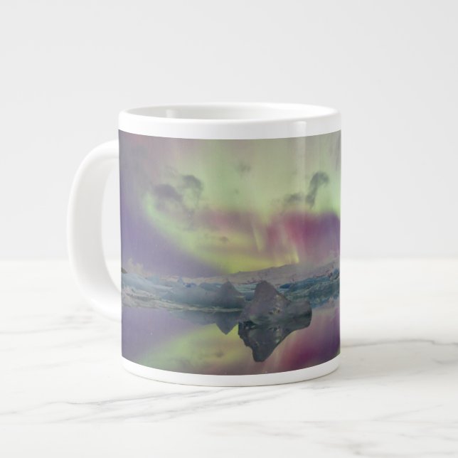 Grande Tasse Les lumières Aurora reflètent la lagune | Islande (Devant gauche)