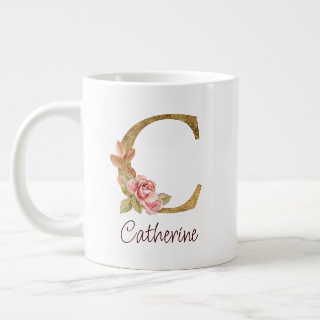 GRANDE TASSE LETTRE C D'HUILE D'OR ROUGE ROSE BLANCHE (Gauche)