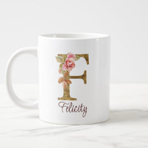 Grande Tasse Lettre de nom personnalisée F Roses roses blush en