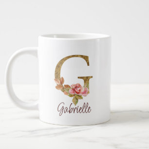 Grande Tasse Lettre de nom personnalisée G Rose poudré et feuil