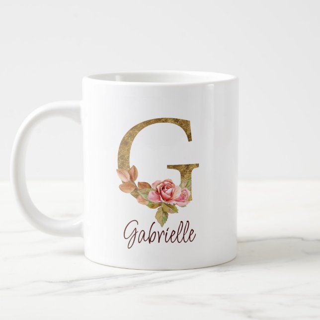 Grande Tasse Lettre de nom personnalisée G Rose poudré et feuil (Gauche)