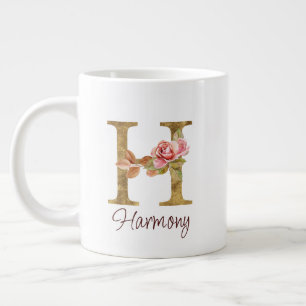 Grande Tasse Lettre de nom personnalisée H Roses roses blush fe
