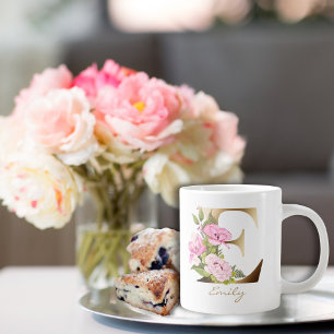 Grande Tasse Lettre E Monogramme or   Arrangement floral rose