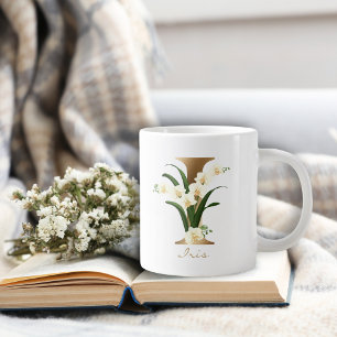Grande Tasse Lettre I Monogramme or   Orchidées florales blanch