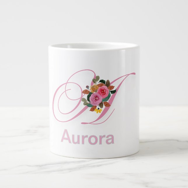 Grande Tasse Lettre initiale de monogramme floral rose moderne (Devant)