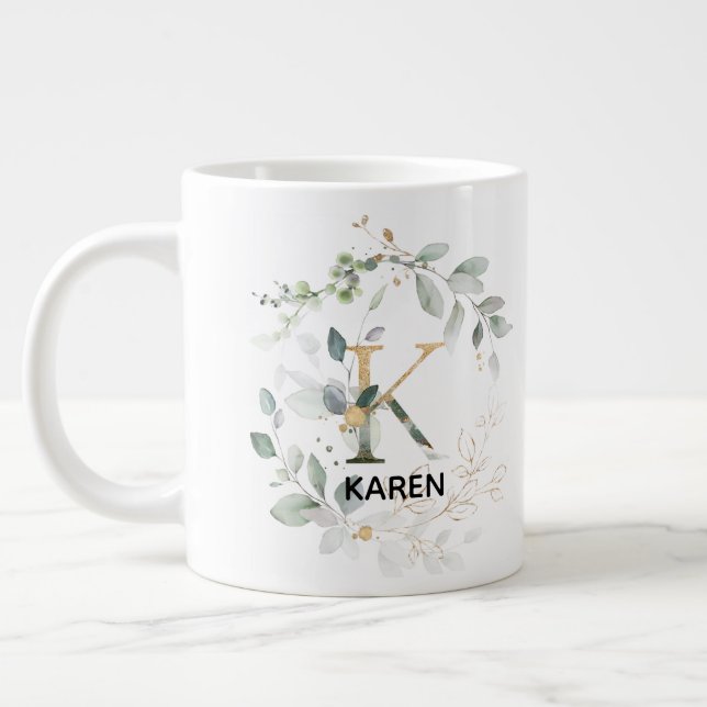 Grande Tasse Lettre 'K' Alphabet initial w nom vert Wreath (Gauche)