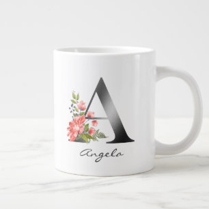 Grande Tasse Lettre Monogramme Argent Floral Rouge violet vert