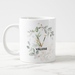 GRANDE TASSE LETTRE MONOGRAPHIQUE V FEUILLE VERTE INITIALE