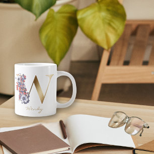 Grande Tasse Lettre W Monogramme or rouge blanc pourpre floral