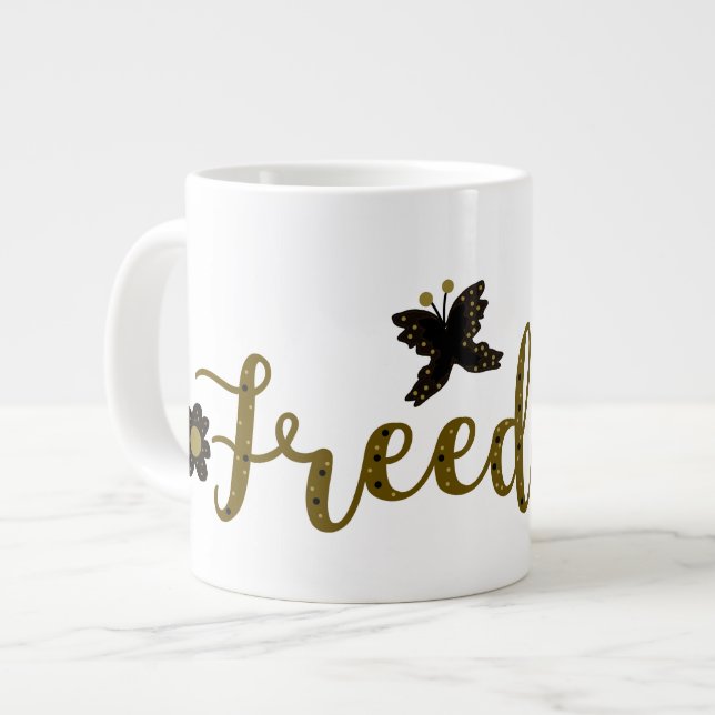 Grande Tasse Liberté Or Boho Printemps Papillon Calligraphie (Devant gauche)