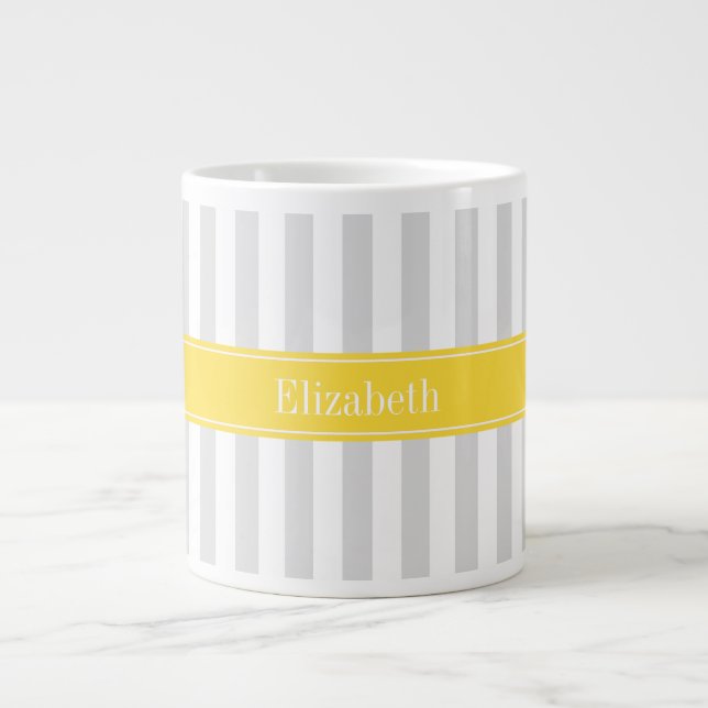 Grande Tasse Lt Grey White Stripe Ananas Nom Monogramme (Devant)