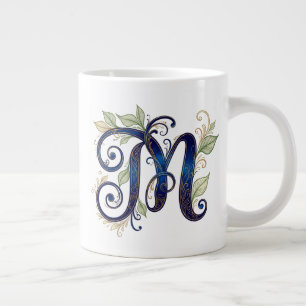 Grande Tasse M cursif – Monogramme élégant bleu et or