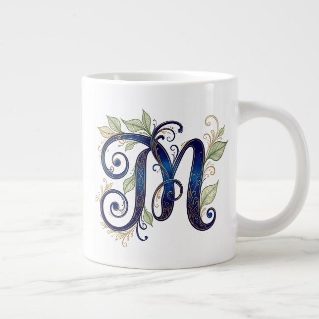 Grande Tasse M cursif – Monogramme élégant bleu et or (Droite)