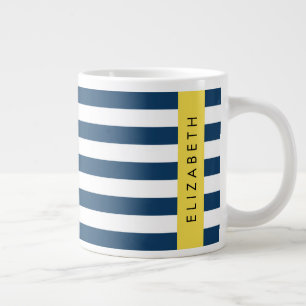 Grande Tasse Marine Blue Stripes, Motif rayé, Votre nom