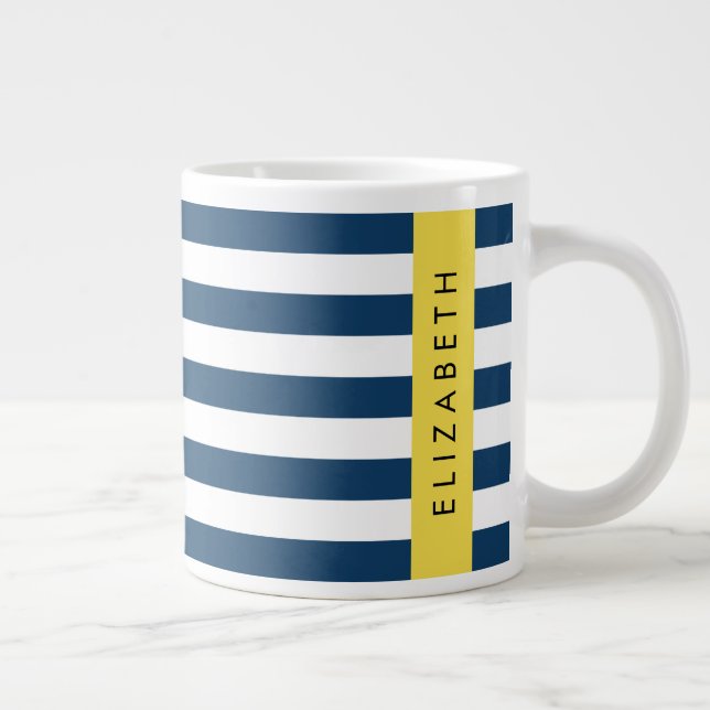 Grande Tasse Marine Blue Stripes, Motif rayé, Votre nom (Droite)