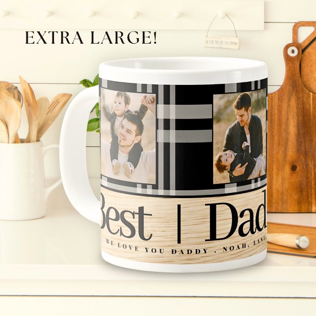 Grande Tasse Meilleur papa Jamais Buffalo Plaid Bois Photo Fête (Créateur téléchargé)