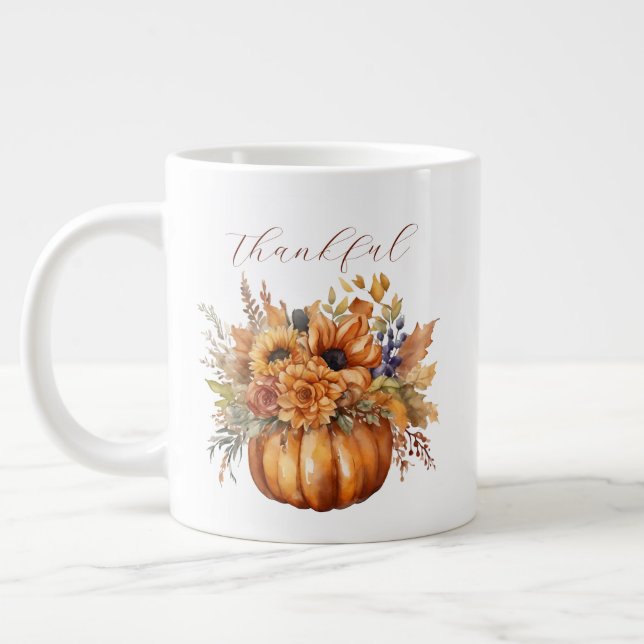 Grande Tasse Merci-Grateful-Citrouille avec Fleurs- (Gauche)