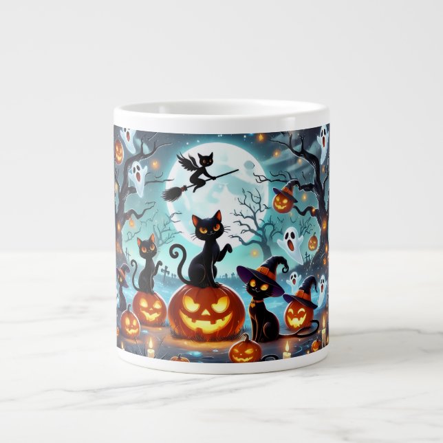Grande Tasse Midnight Magic: Black Cats & Pumpkins Halloween  (Devant)