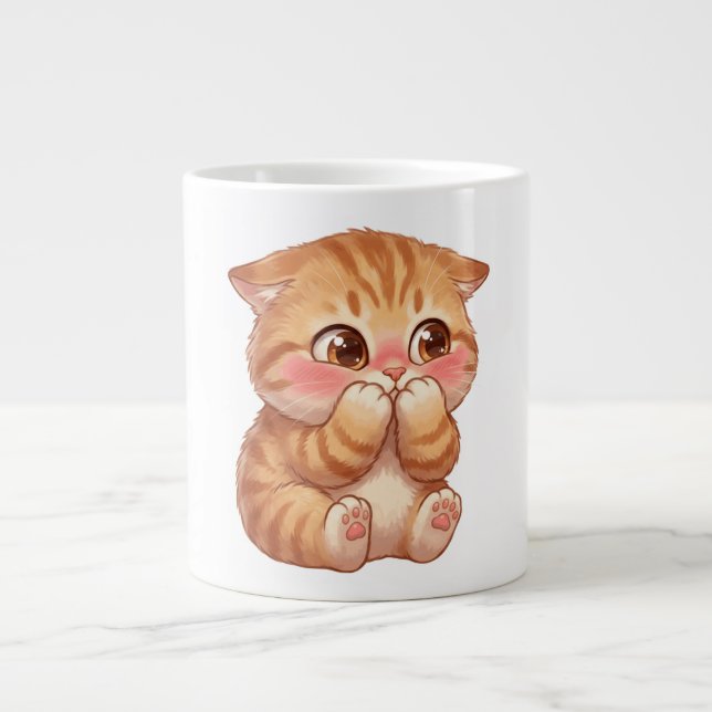Grande Tasse Mignon Chat Orange Timide Rougissant Toile Art Mur (Devant)