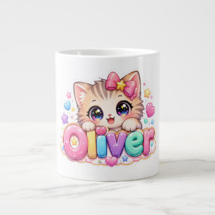 Grande Tasse Mignon Kawaii Oliver Nom de Chat Pastel Rose Étinc