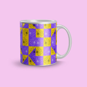 Grande Tasse Modèle floral moderne violet & doré Checkerboard
