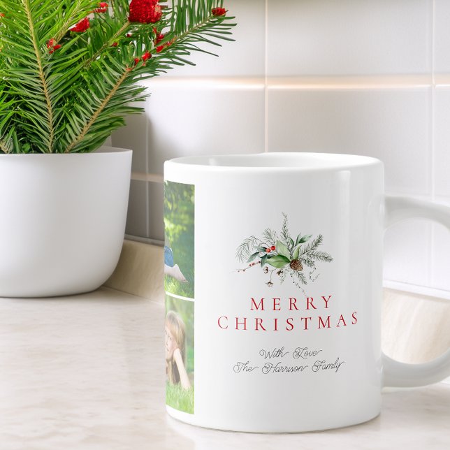 Grande Tasse Modern Photo Collage Greenery Merry Christmas (Modern Photo Collage Greenery Merry Christmas Giant Coffee Mug)