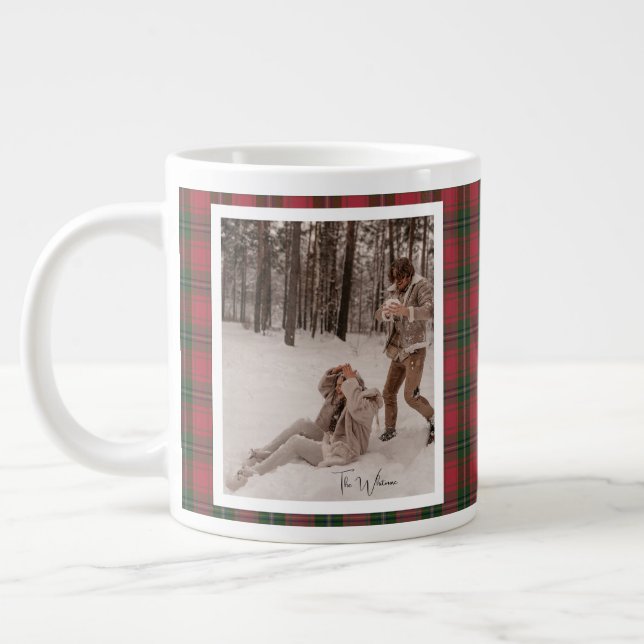 Grande Tasse Modern Red Plaid Rustic 2 Photo Christmas Gift (Gauche)