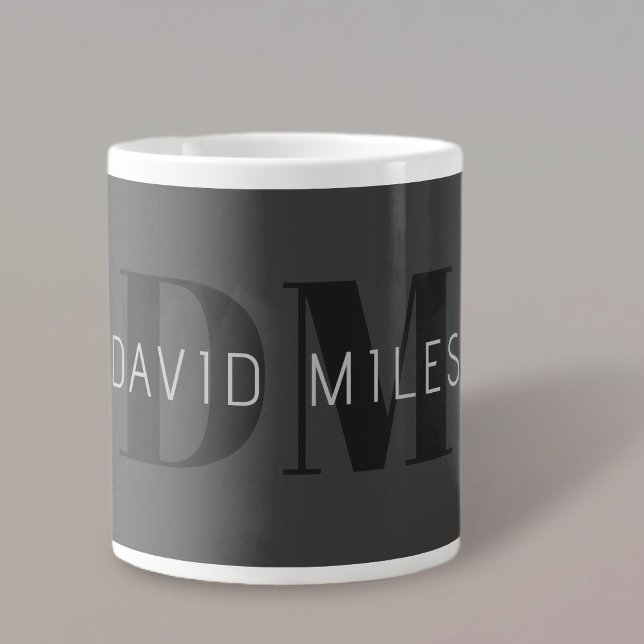 Grande Tasse Moderne Gris Foncé & Nom et Monogramme Modifiables (Créateur téléchargé)