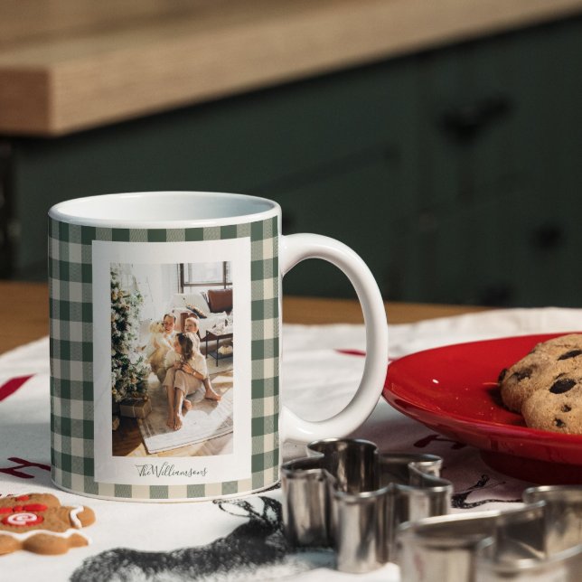 Grande Tasse Moderne plaid vert forêt Rustique Photo Noël   (Créateur téléchargé)