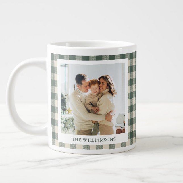 Grande Tasse Moderne Plaid Vert Rustique Photo Noël Fêtes (Gauche)