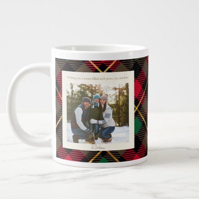 Grande Tasse Monogram 2 Photo Rustic Green Red Plaid Christmas (Gauche)