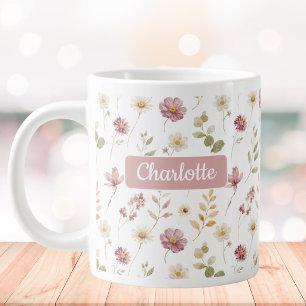 Grande Tasse Monogramme à motif floral mauve et blanc à l'aquar
