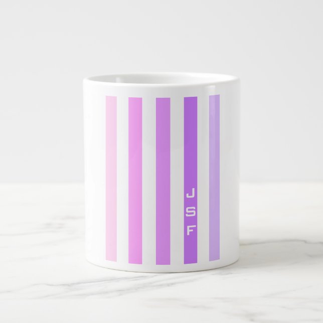 Grande Tasse Monogramme à rayures verticales violettes et roses (Devant)