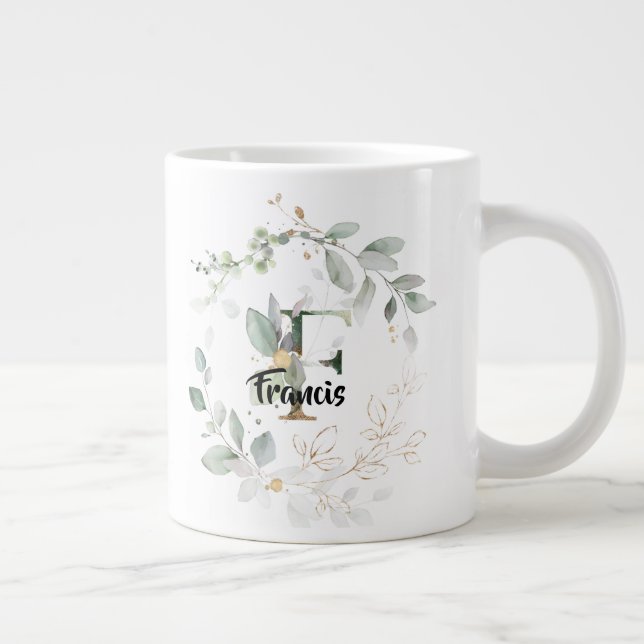 Grande Tasse Monogramme alphabétique "F" initial Feuilles vert  (Droite)
