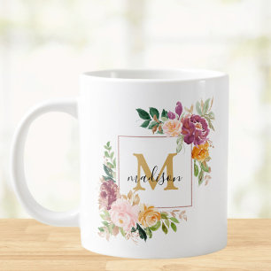 Grande Tasse Monogramme Aquarelle Coloré Rose Fleur Floral