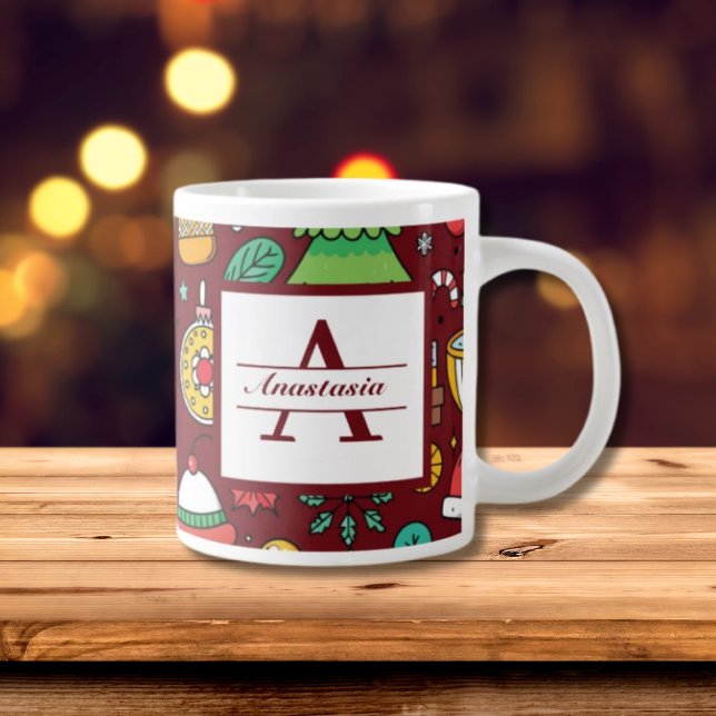 Grande Tasse Monogramme de canicules de Noël (Festive Christmas Doodles Monogram Giant Coffee Mug)