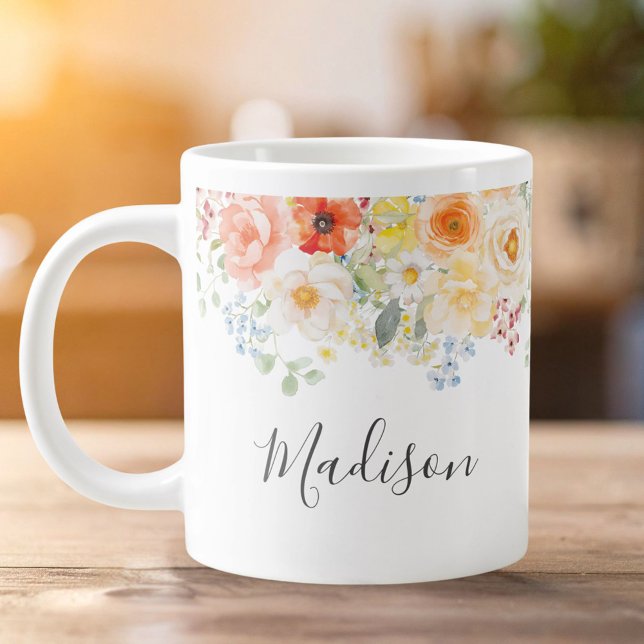 Grande Tasse Monogramme de nom personnalisé Aquarelle Floral En (Créateur téléchargé)