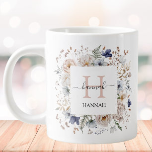 Grande Tasse Monogramme Élégant Jolies Fleurs Beige Bleu Floral