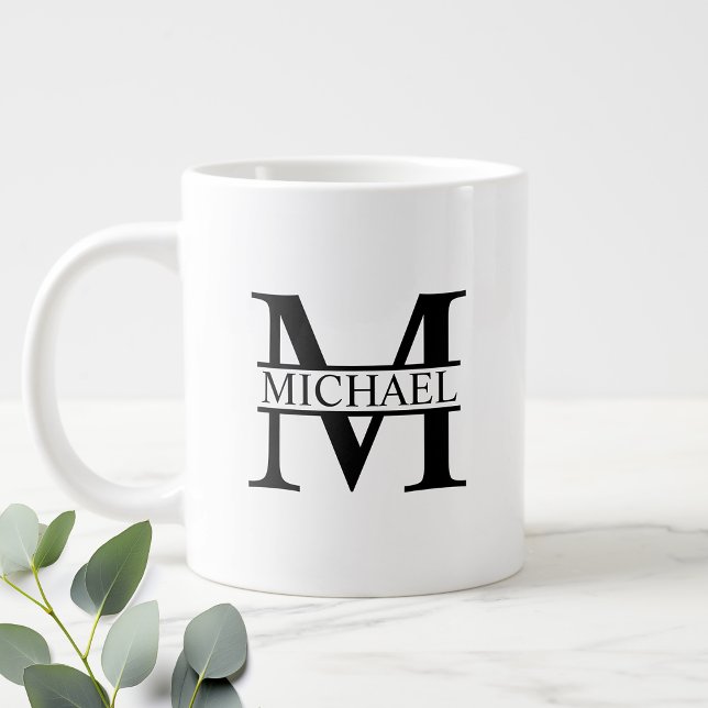 Grande Tasse Monogramme et nom personnalisés noir et blanc (Créateur téléchargé)